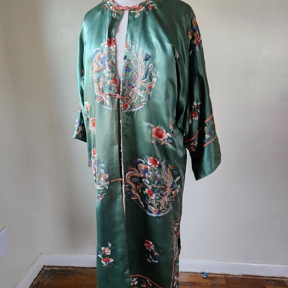 Vintage Chinese Embroidered Silk Robe Green - Picture 3 of 12